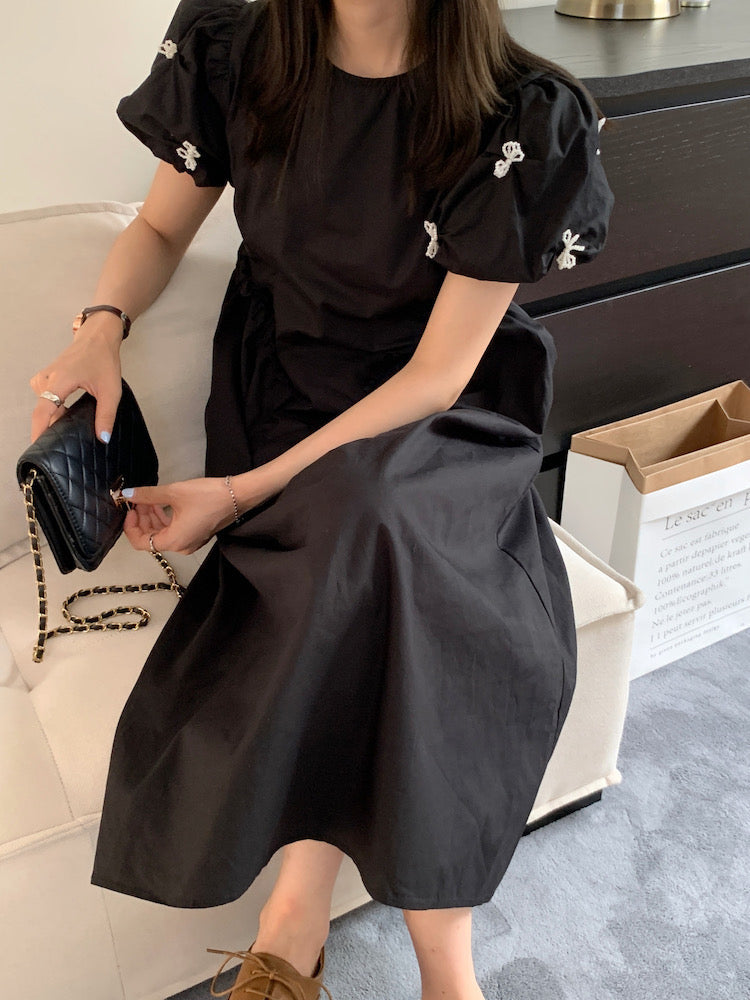 Pearl Bow Ruched Waist Dress