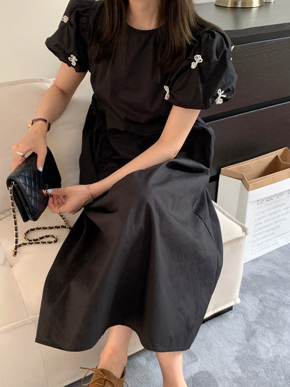 Pearl Bow Ruched Waist Dress