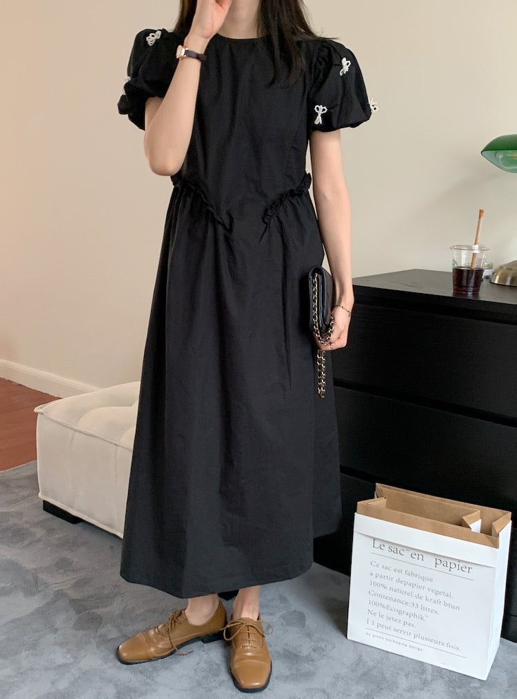 Pearl Bow Ruched Waist Dress