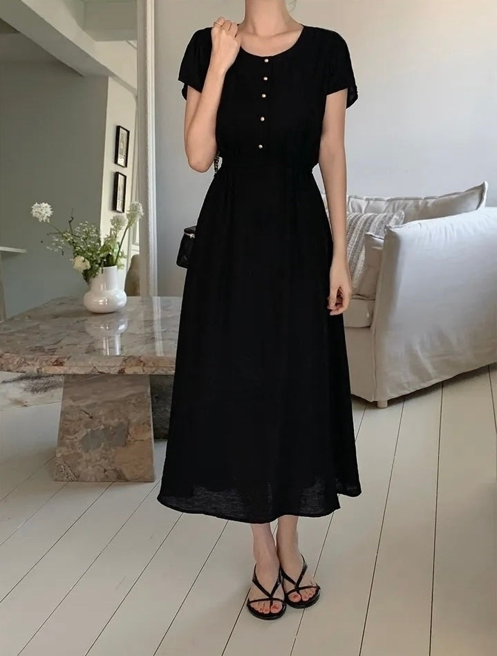 圓領金屬單排扣收腰連身裙