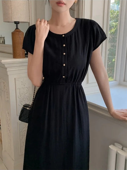 圓領金屬單排扣收腰連身裙