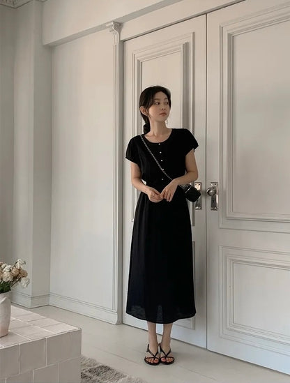 圓領金屬單排扣收腰連身裙