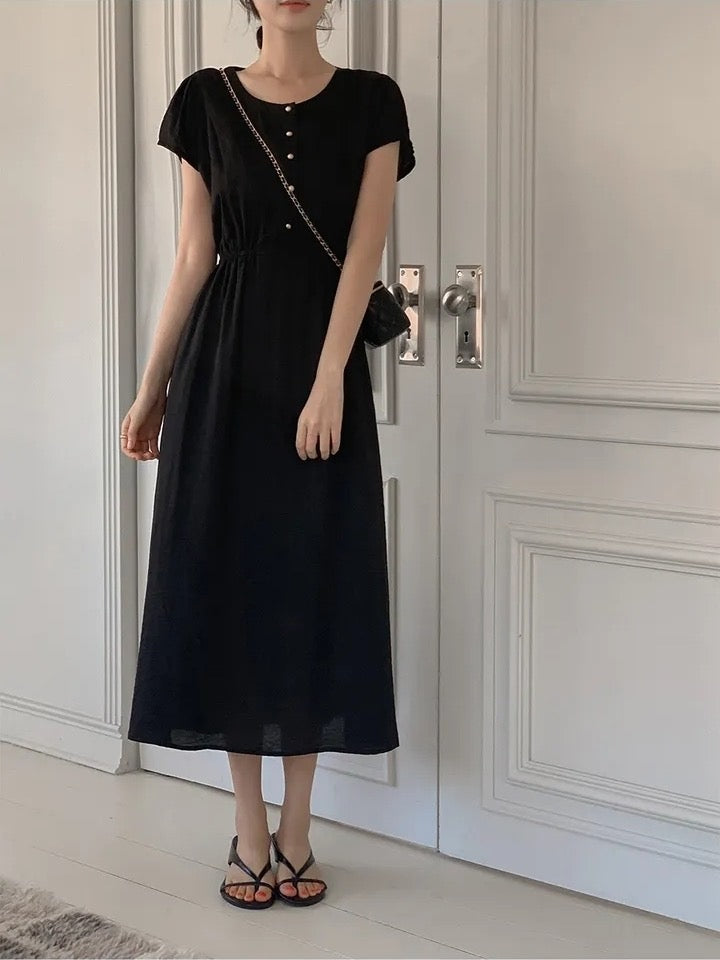 圓領金屬單排扣收腰連身裙