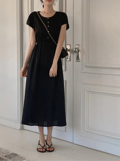 圓領金屬單排扣收腰連身裙