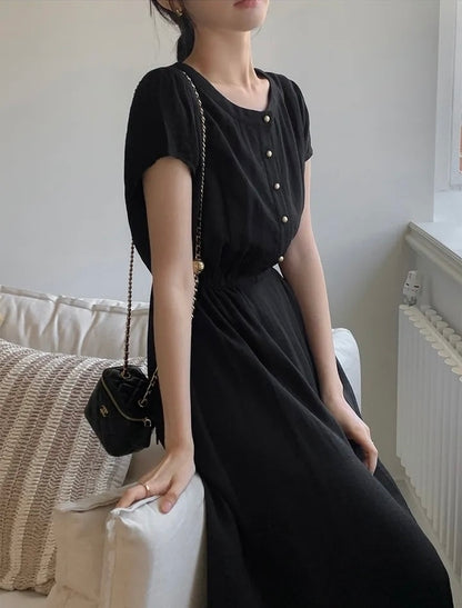 圓領金屬單排扣收腰連身裙