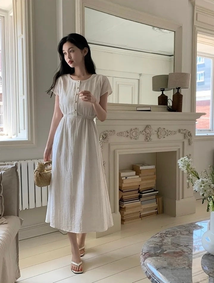 圓領金屬單排扣收腰連身裙