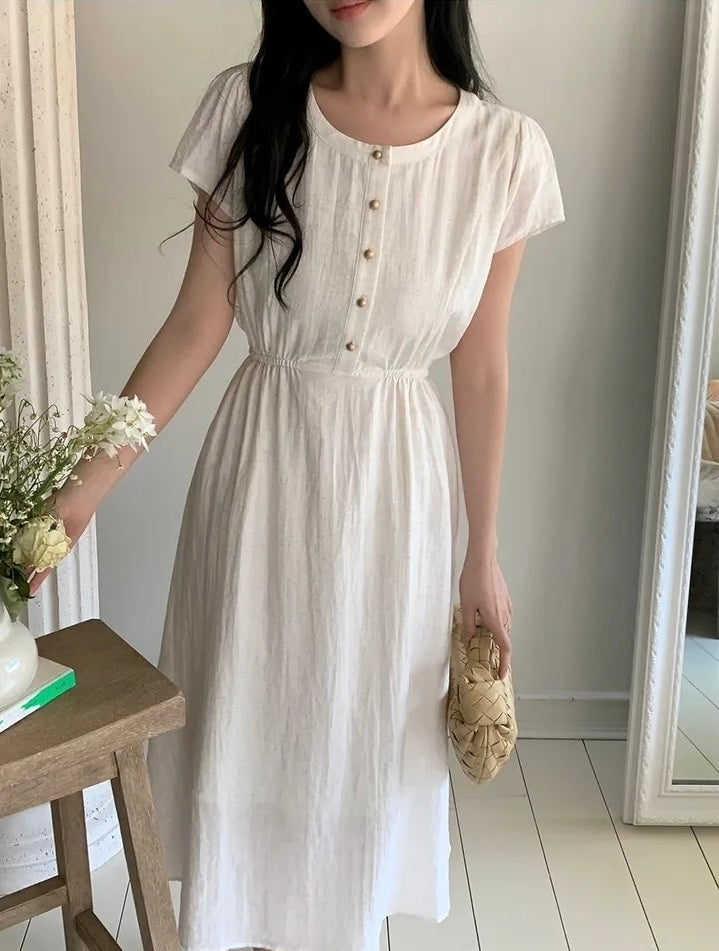 圓領金屬單排扣收腰連身裙