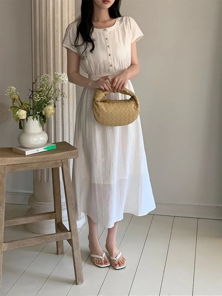 圓領金屬單排扣收腰連身裙