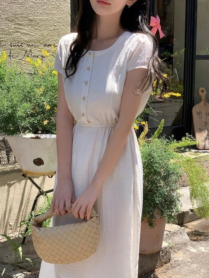 圓領金屬單排扣收腰連身裙