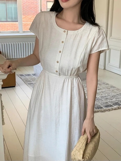 圓領金屬單排扣收腰連身裙