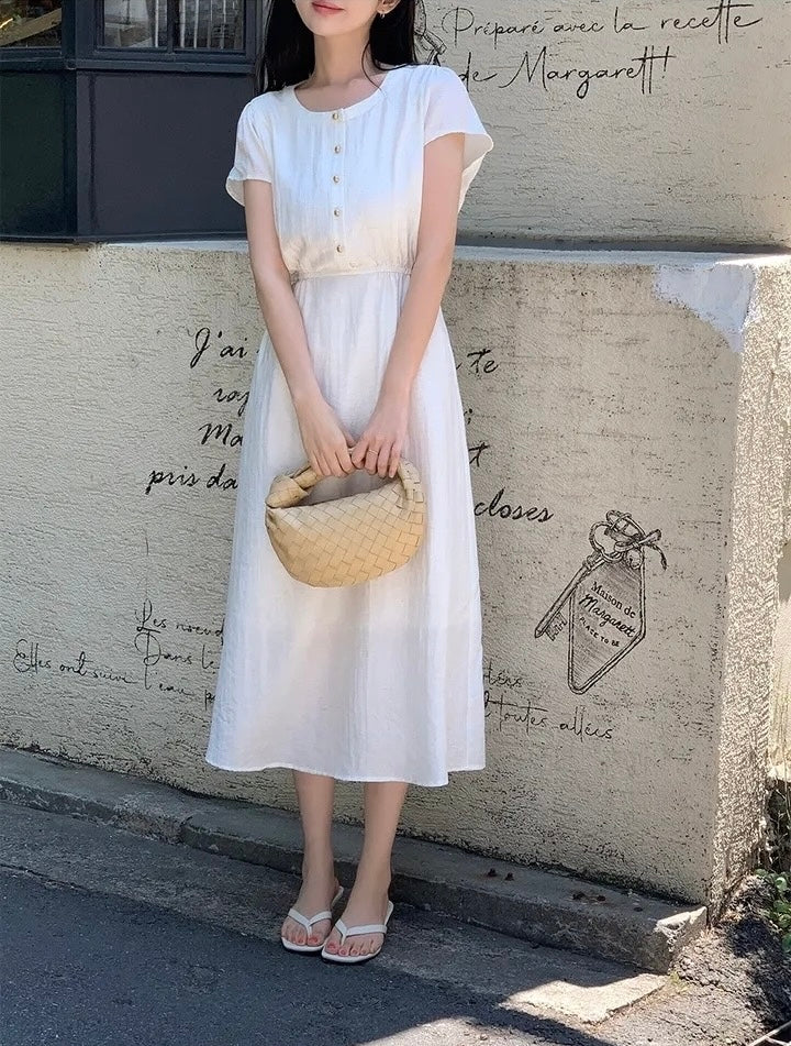 圓領金屬單排扣收腰連身裙