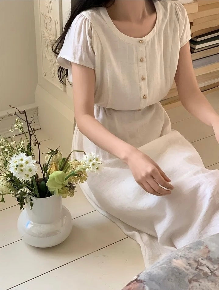 圓領金屬單排扣收腰連身裙