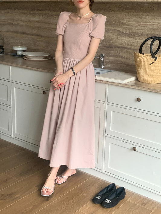 方領拼接針織收腰連身裙