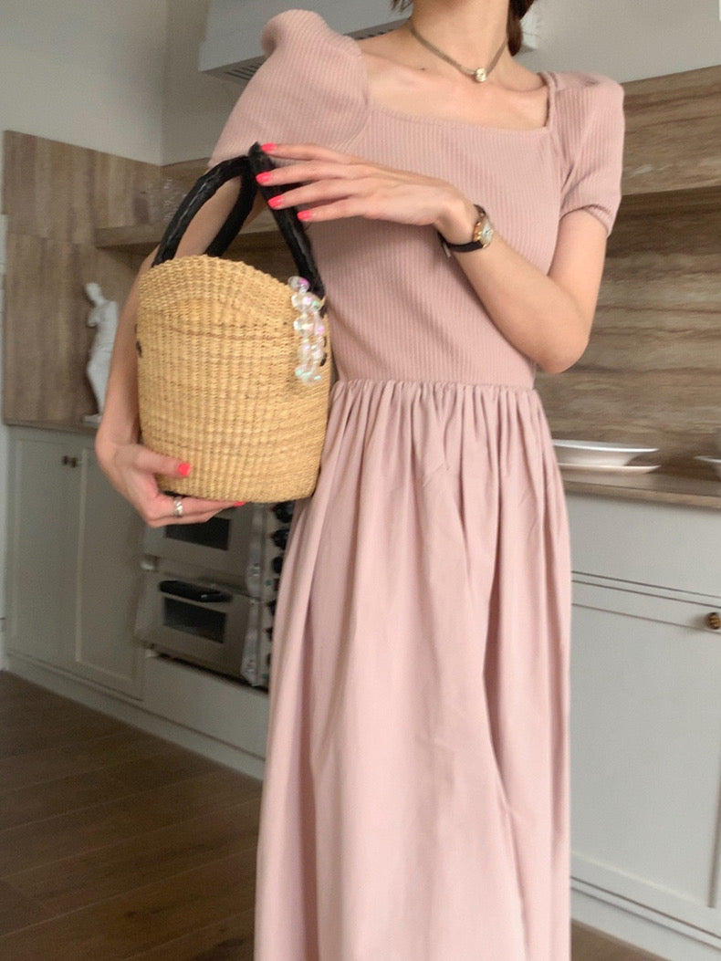 方領拼接針織收腰連身裙