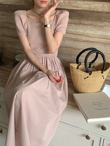 方領拼接針織收腰連身裙