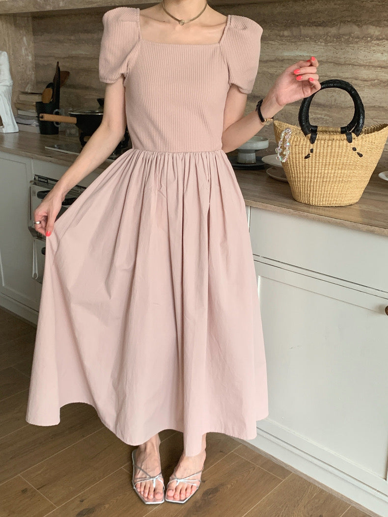 方領拼接針織收腰連身裙