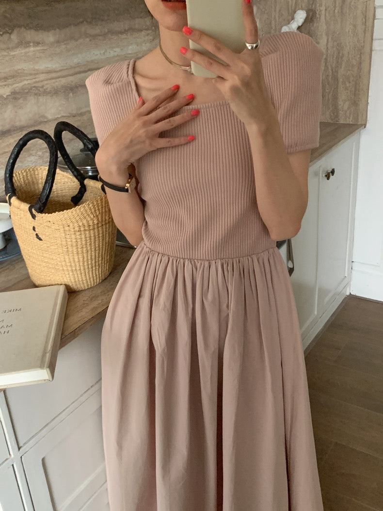 方領拼接針織收腰連身裙