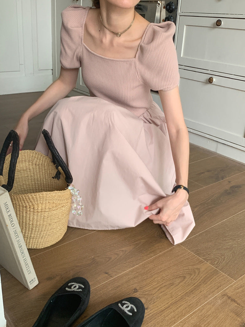 方領拼接針織收腰連身裙