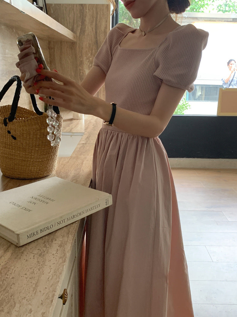 方領拼接針織收腰連身裙