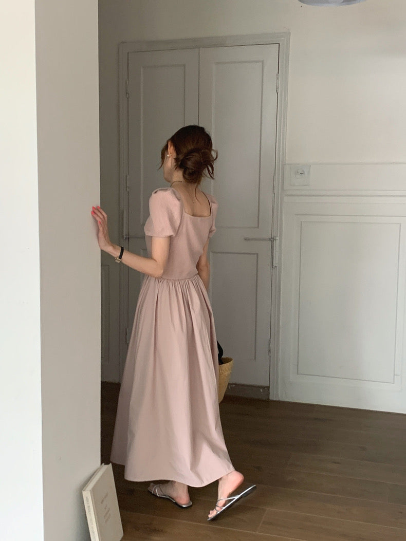 方領拼接針織收腰連身裙