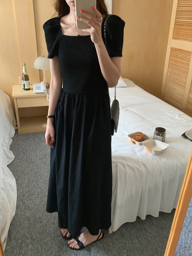 方領拼接針織收腰連身裙