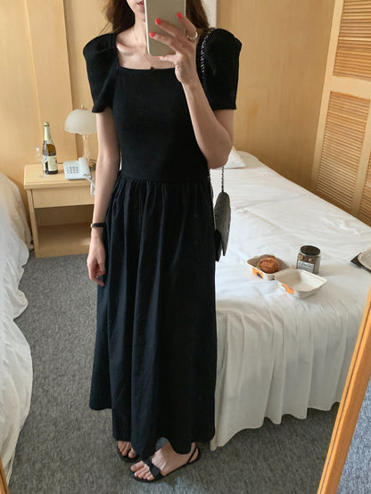 方領拼接針織收腰連身裙
