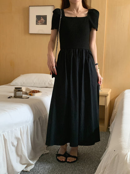 方領拼接針織收腰連身裙