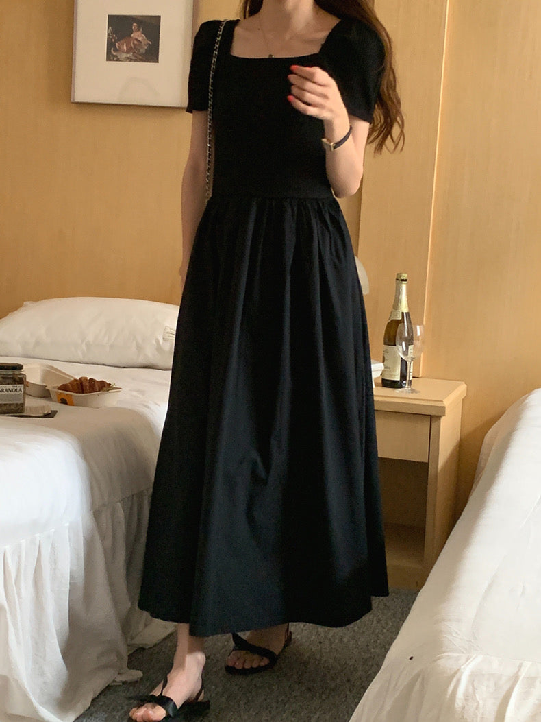 方領拼接針織收腰連身裙