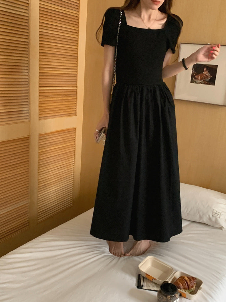 方領拼接針織收腰連身裙