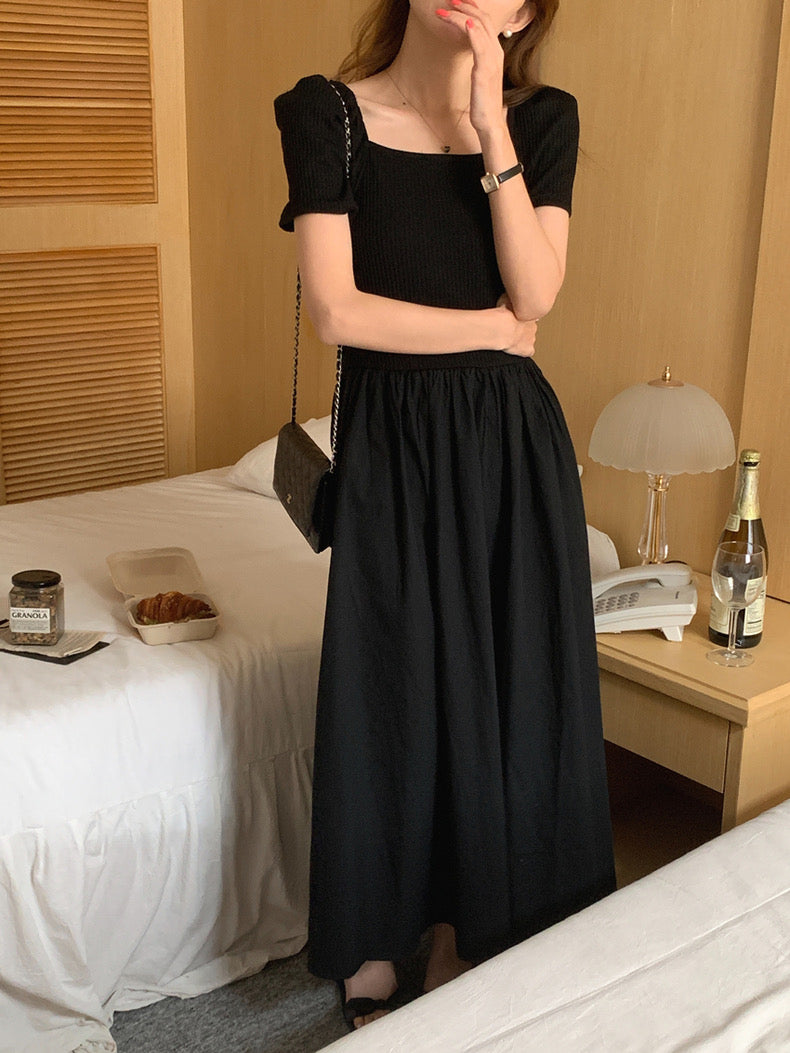 方領拼接針織收腰連身裙