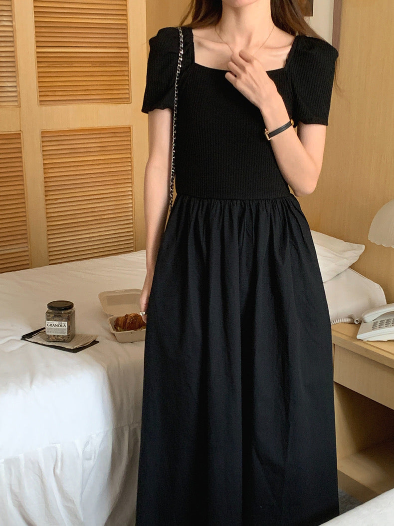方領拼接針織收腰連身裙