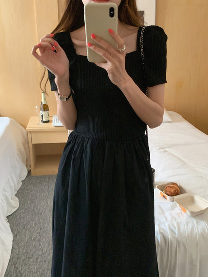 方領拼接針織收腰連身裙