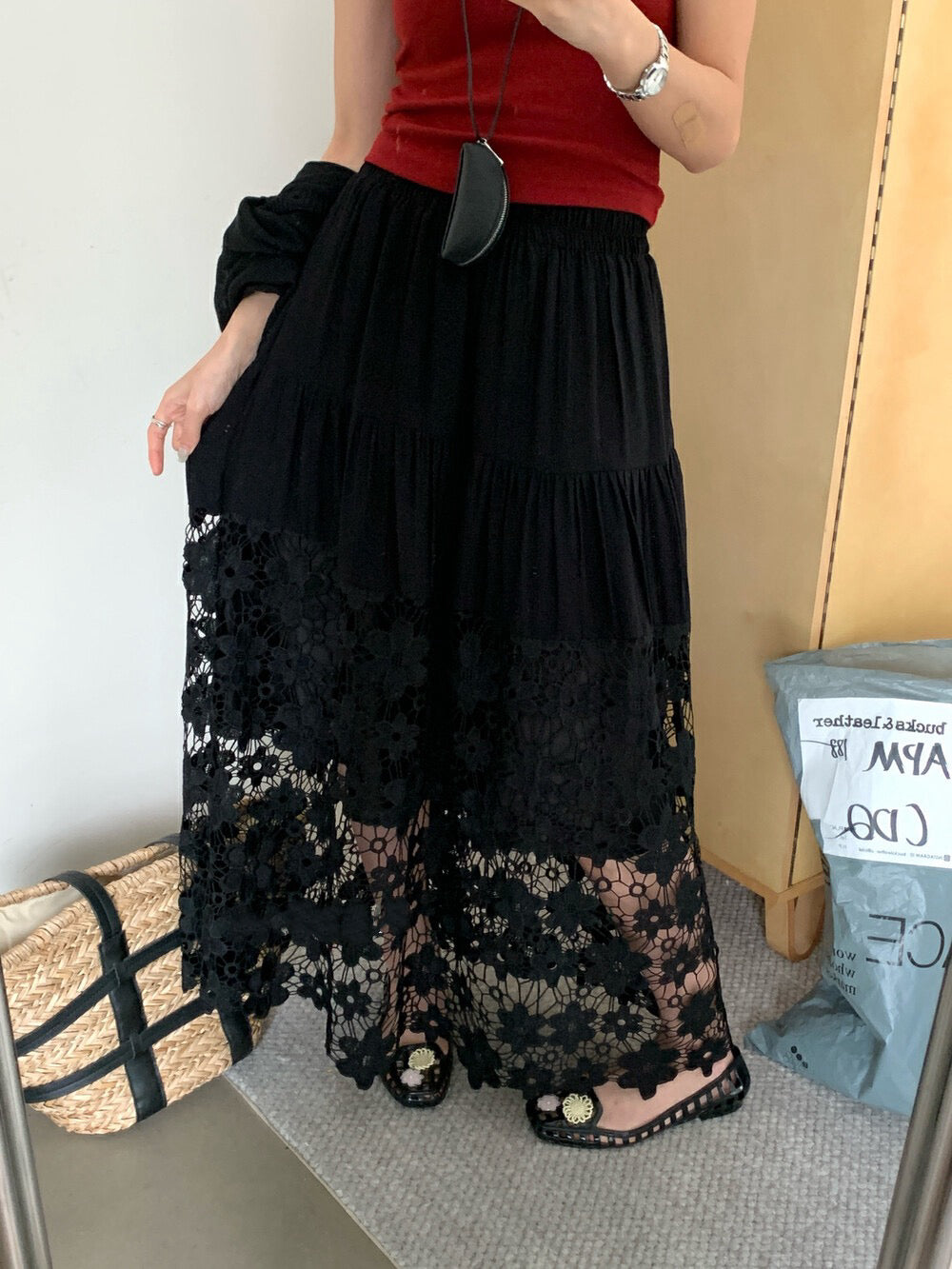 重工鏤空刺繡A字半身裙