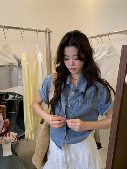 Versatile Slimming Short-Sleeve Denim Jacket