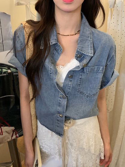 Versatile Slimming Short-Sleeve Denim Jacket