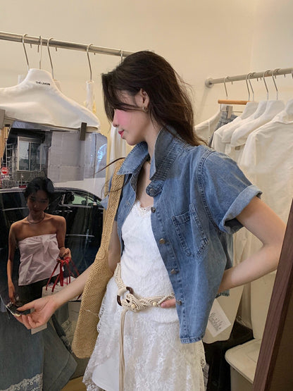 Versatile Slimming Short-Sleeve Denim Jacket