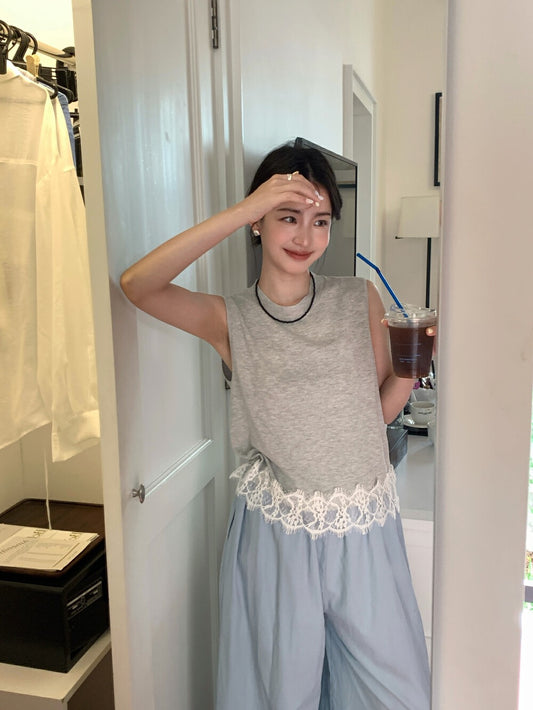 蕾絲拼接下擺針織背心