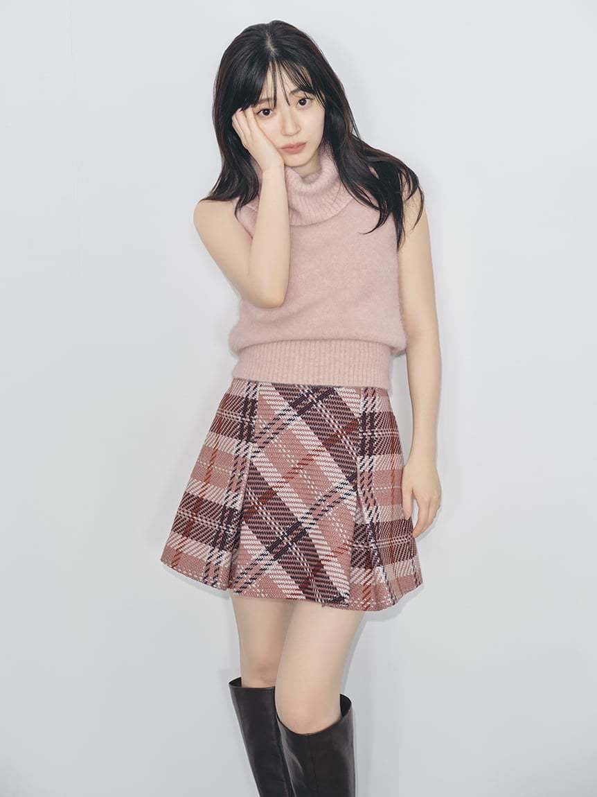 高腰粗紗格紋半身裙