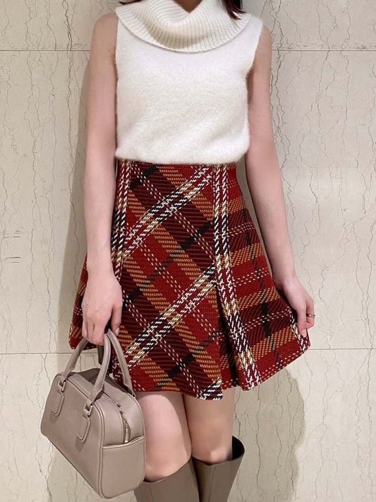 高腰粗紗格紋半身裙