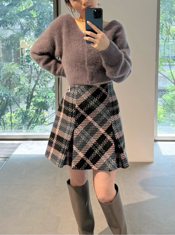 高腰粗紗格紋半身裙