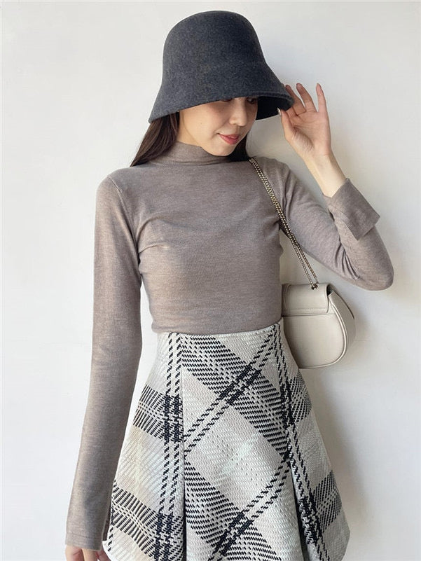 高腰粗紗格紋半身裙