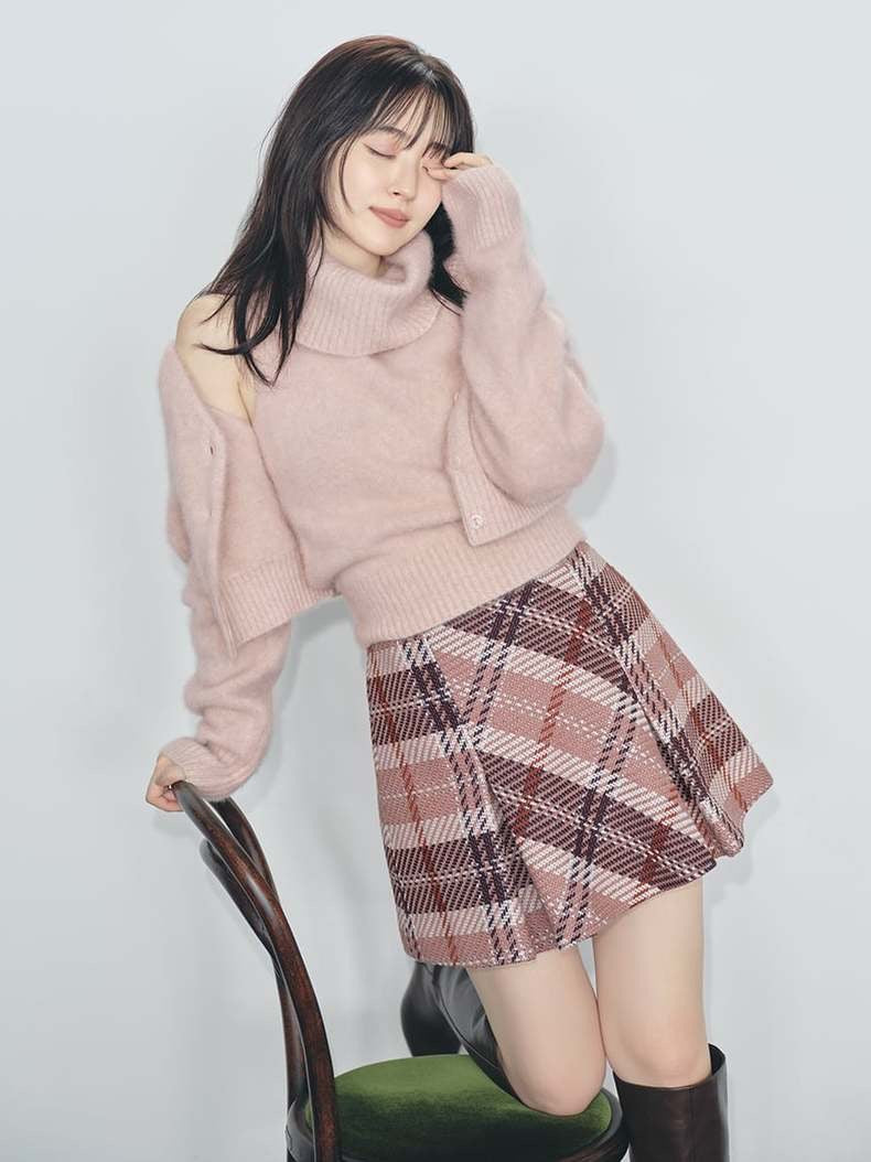 高腰粗紗格紋半身裙