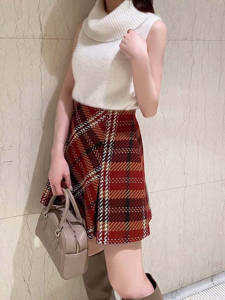 高腰粗紗格紋半身裙