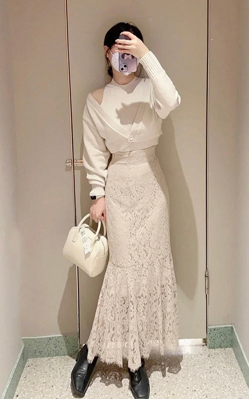 高腰蕾絲魚尾裙