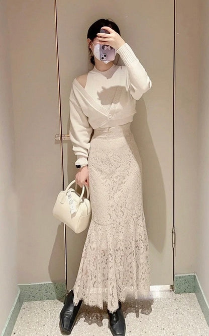 高腰蕾絲魚尾裙
