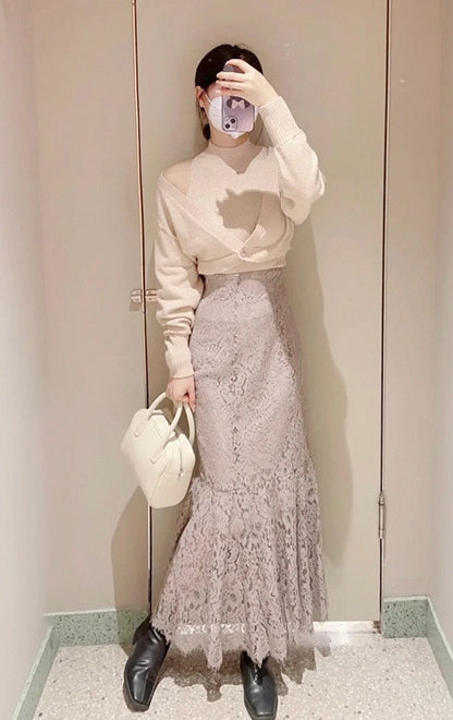 高腰蕾絲魚尾裙