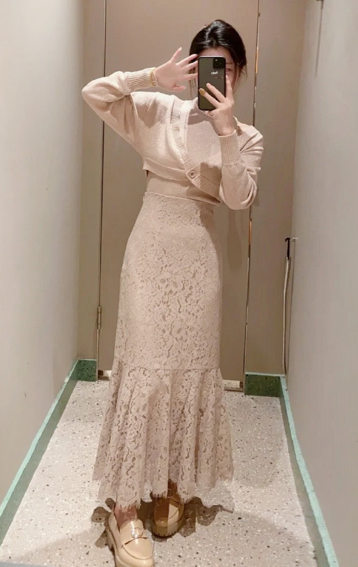 高腰蕾絲魚尾裙