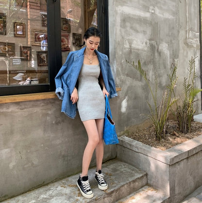 方領修身背心裙