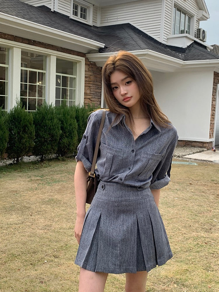 Denim-Look Shirt + Pleated Skirt Set