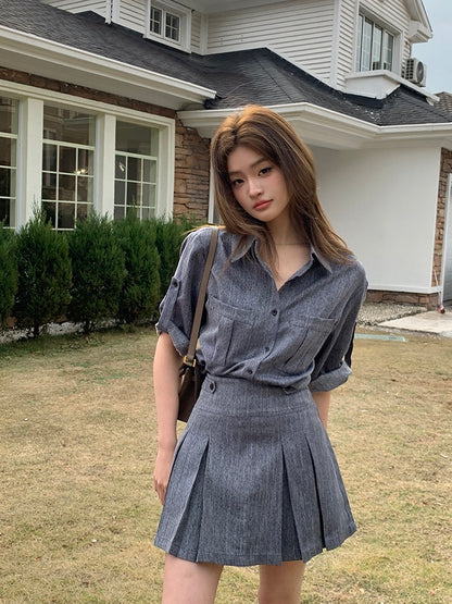 Denim-Look Shirt + Pleated Skirt Set